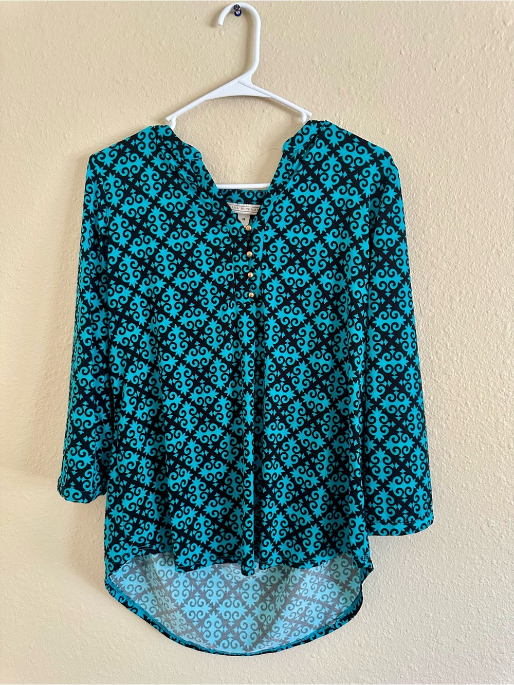 Dana Buchman Teal & Black Patterned V-Neck Tunic